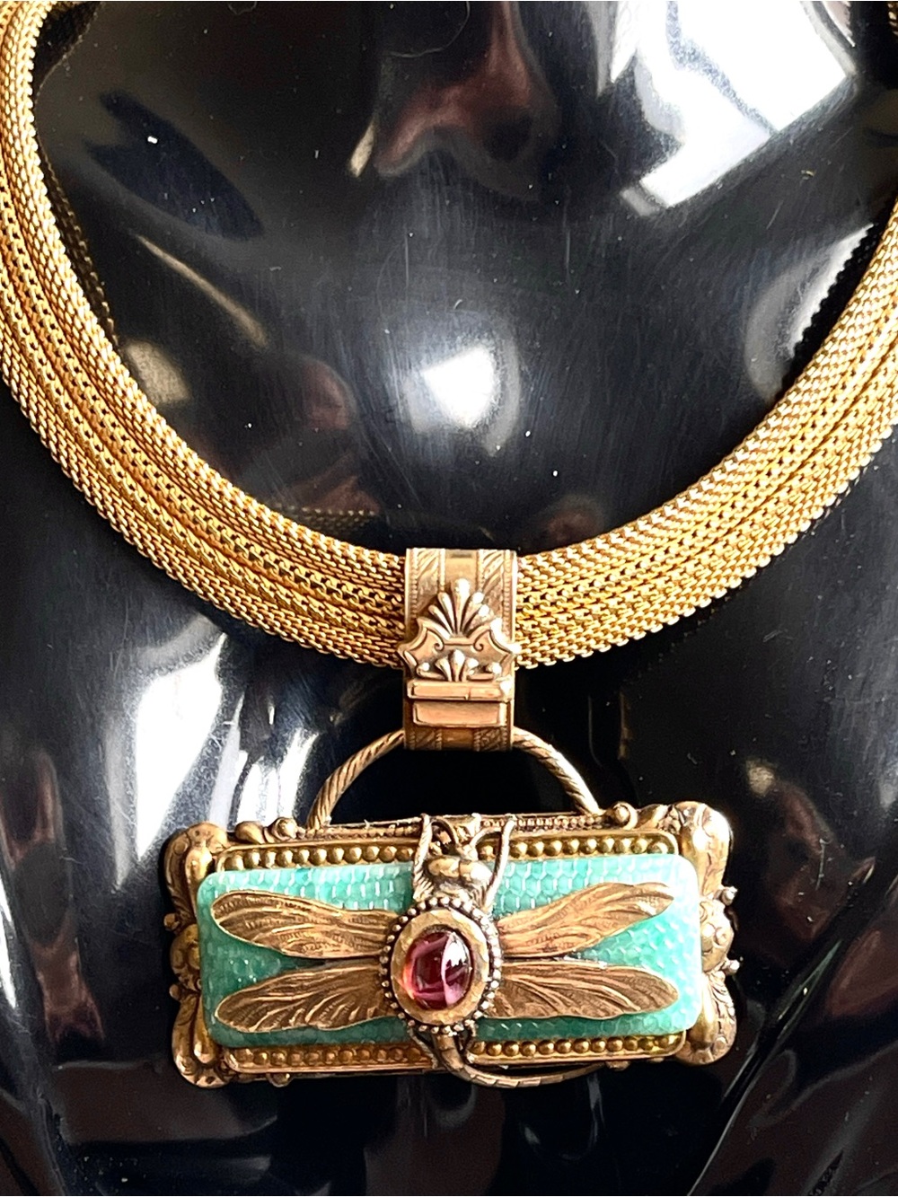 Vintage Patrice Art Nouveau Dragonfly Pendant Turquoise Czech Glass Necklace